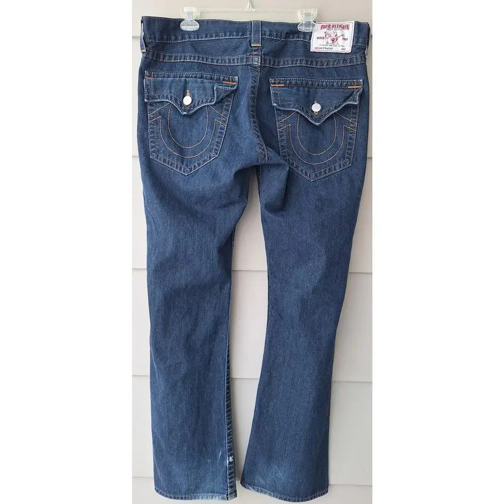 True Religion World Tour Men's Straight Flap Blue Jeans 100% Cotton Size 38x33